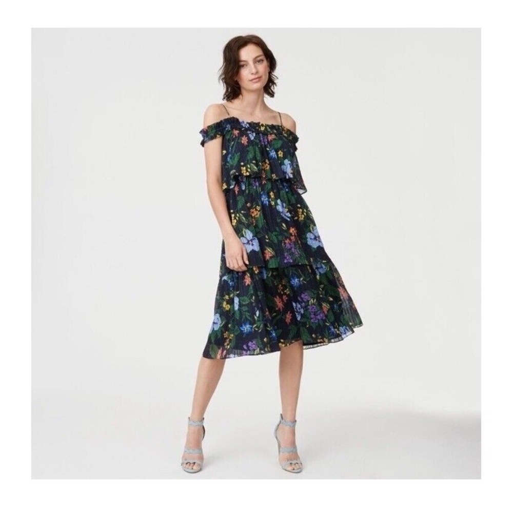 Club Monaco Oversized Silk Lined Tiered‎ Floral Stretch Navy Dress, Size 4 or 6